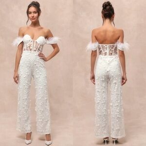 Midnight Sparkle White Mesh Embroidered Feather Bustier Jumpsuit